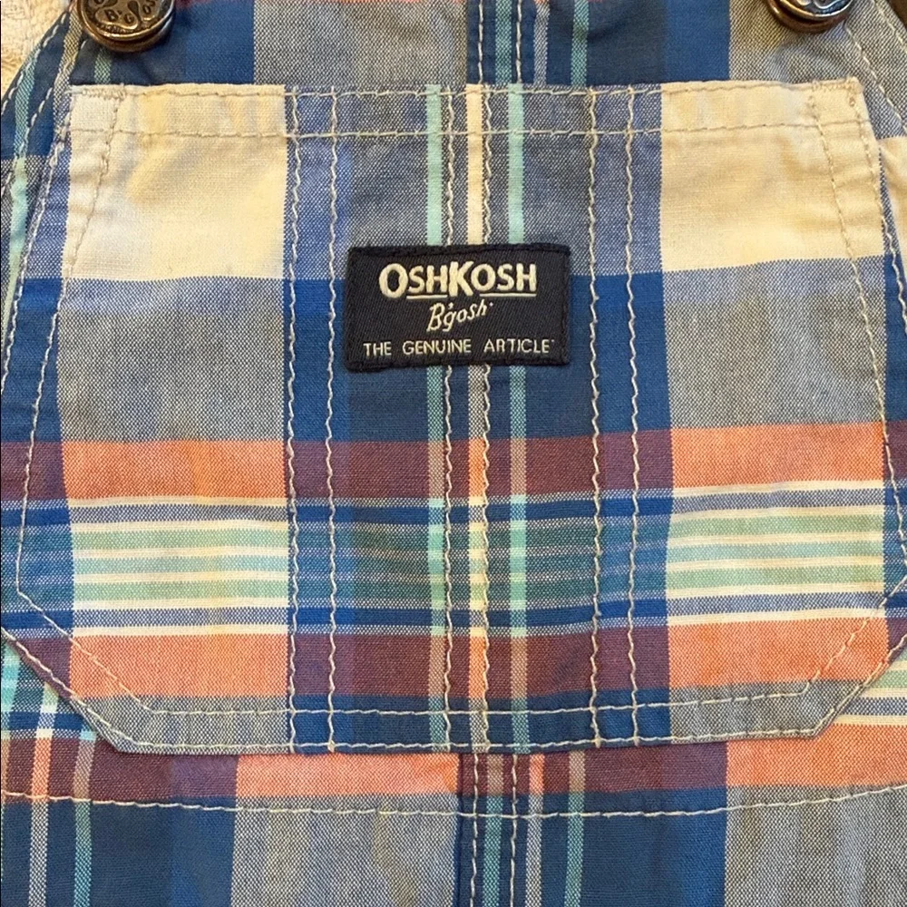 OshKosh B’gosh Plaid Shortalls 18M Baby Boy Blue Cotton Summer Overalls